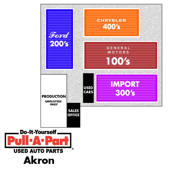 Pull-A-Part Akron, Ohio yard map, showing where all cars are located